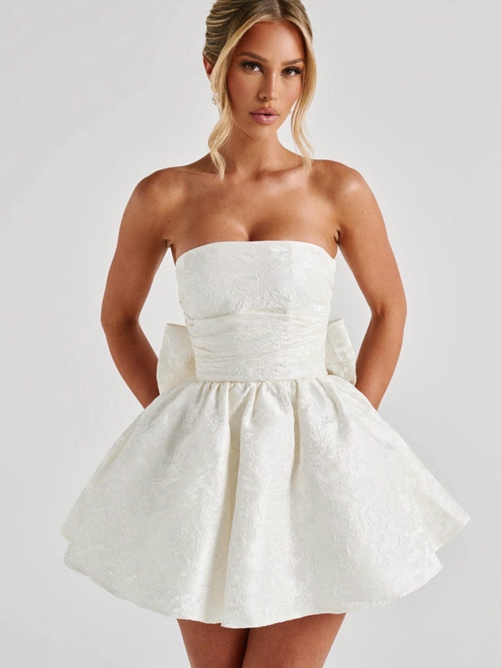 BABYBOO White Jacquard Strapless Corset Mini Dress Removable Bow Size S 💝